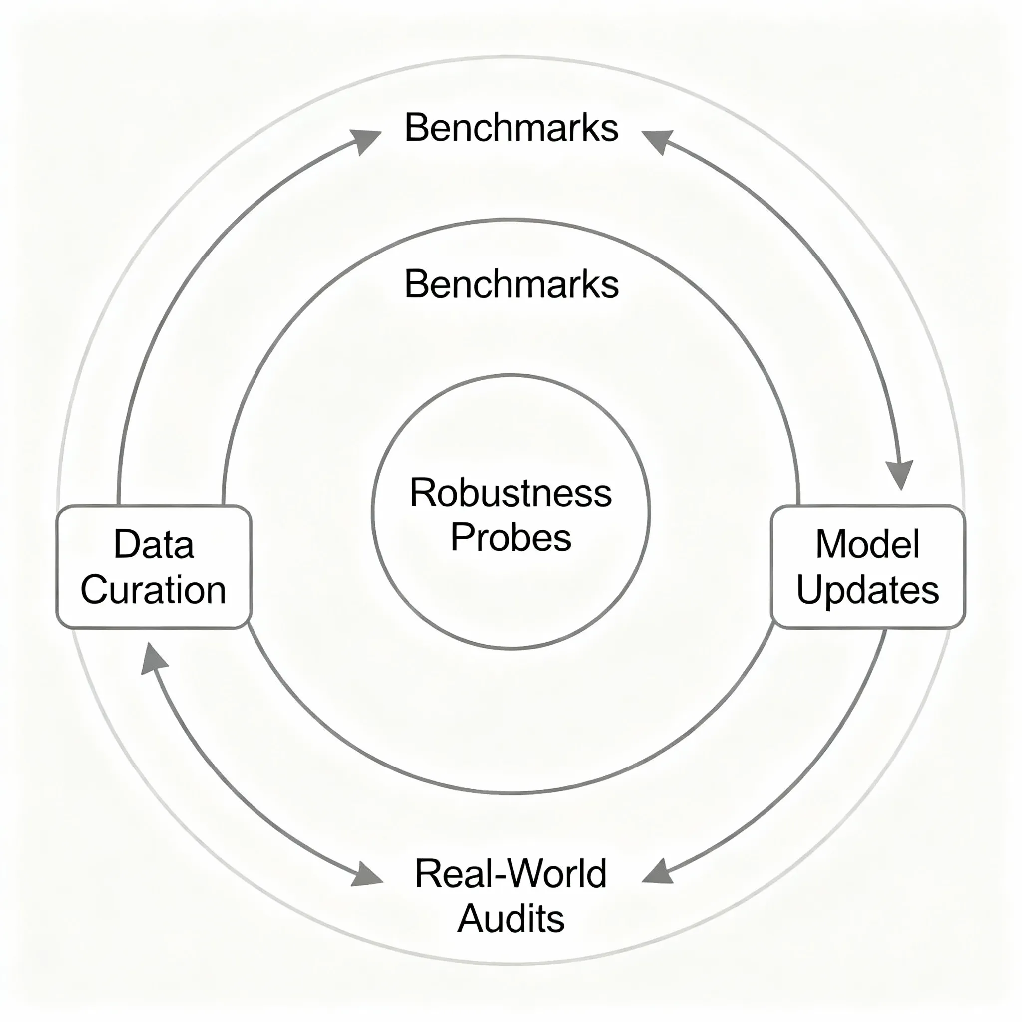 Circular flow diagram showing the model improvement cycle with components: Data Curation, Model Updates, Real-World Audits, Benchmarks, and central Robustness Probes indicating continuous evaluation and feedback.