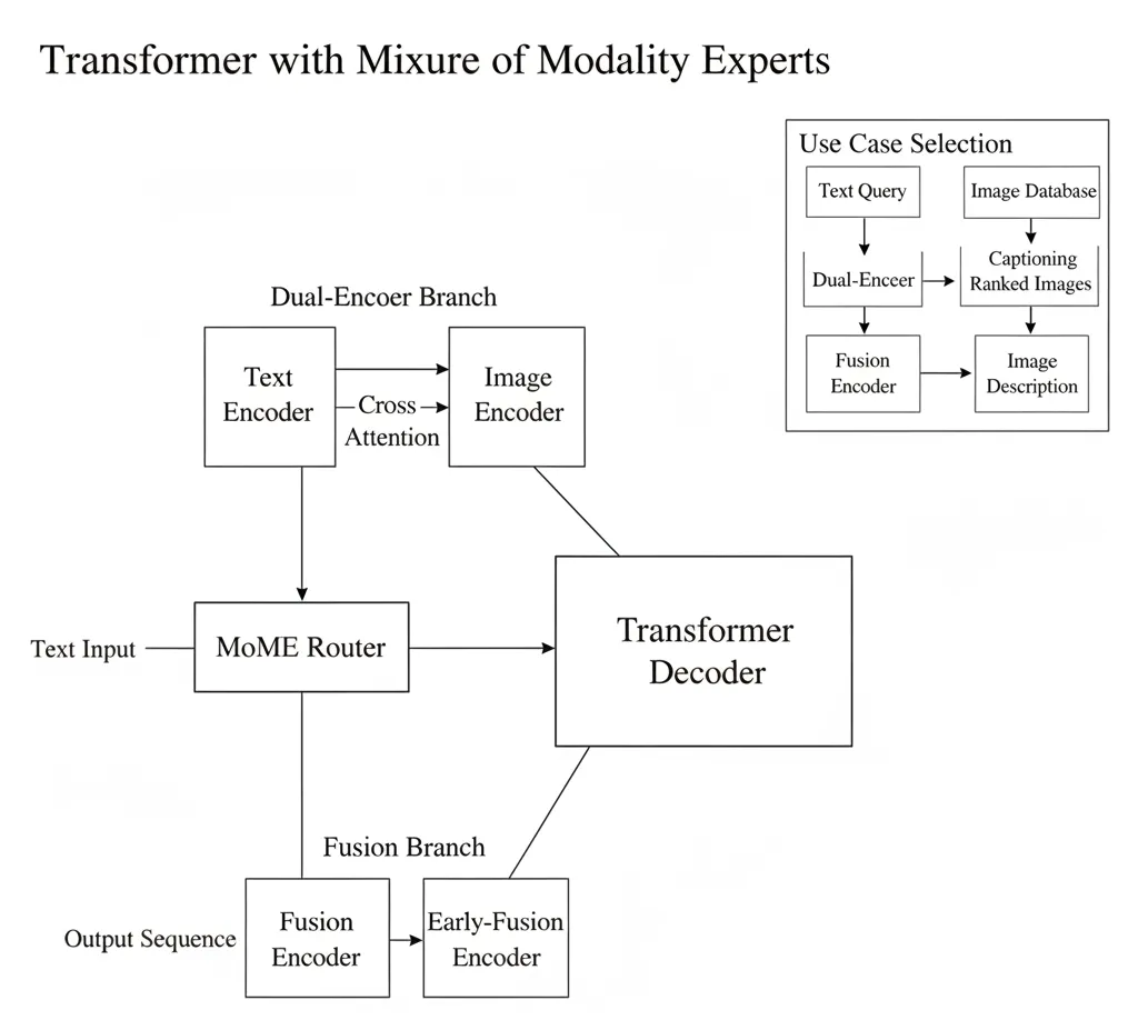 Diagram of a Transformer with Mixture of Modality Experts showing text-image encoders, MoME router, and fusion branches.