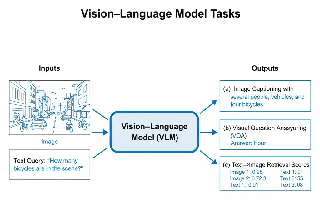 Diagram of a Vision–Language Model showing image and text inputs processed to produce outputs like captioning, question answering, and retrieval scores.