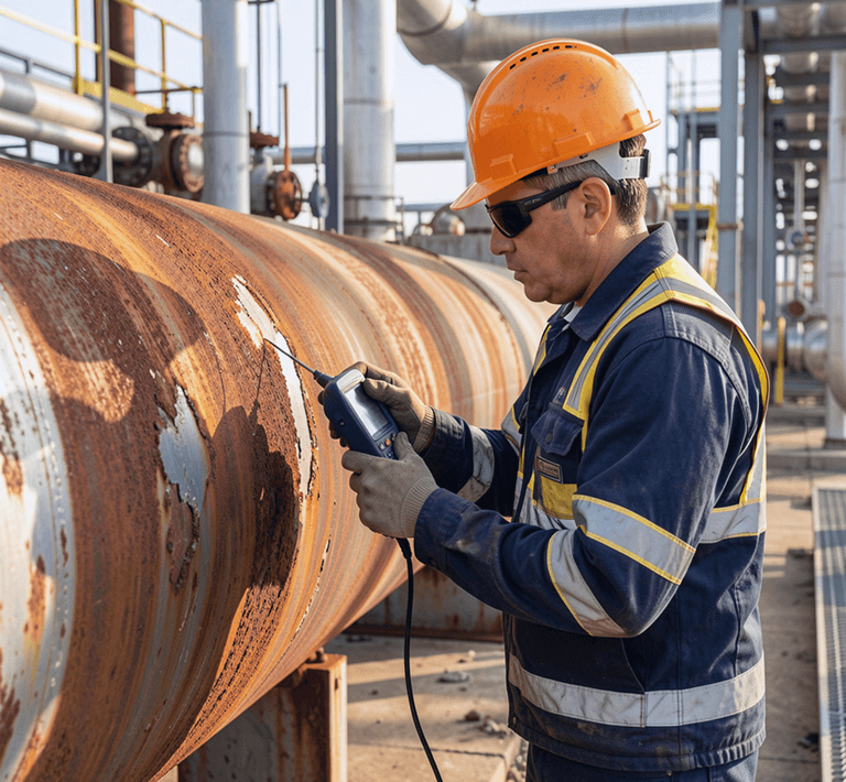 Engineer inspecting a rusty pipe in an industrial setting, demonstrating real-world infrastructure inspection use case.