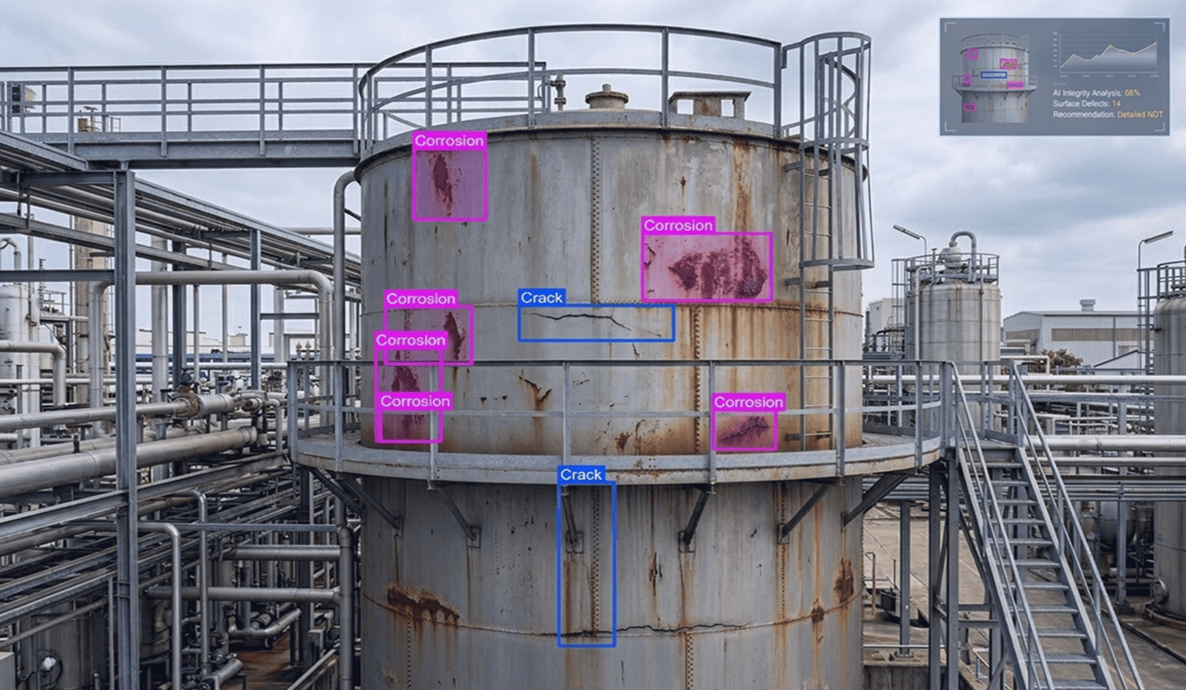 AI detecting corrosion, cracks, and defects on industrial tank using computer vision