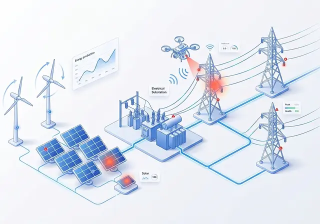 Landscape view of power line corridors with monitoring infrastructure, enabling AI-based inspection of transmission assets.