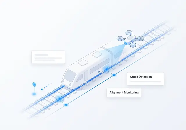 Drone-based inspection of train tracks and rail infrastructure, detecting alignment issues and surface wear for transportation safety.