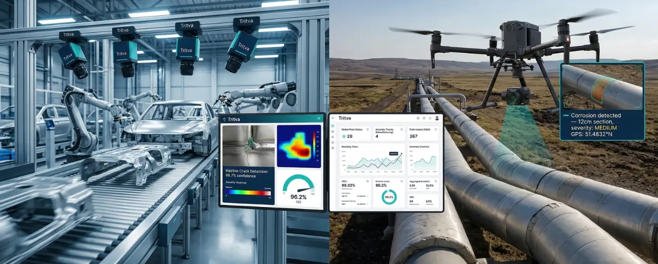 Tritva AI Visual Inspection platform showing real-time defect detection on automotive assembly line and oil and gas pipeline inspection