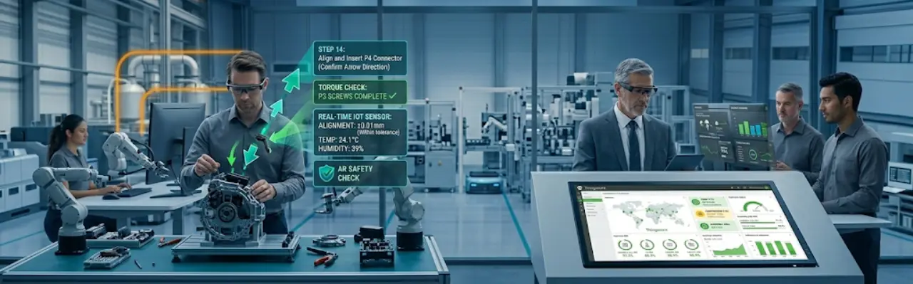 PTC ThingWorx platform with technician using Vuforia AR smart glasses for guided maintenance and IIoT connectivity dashboard