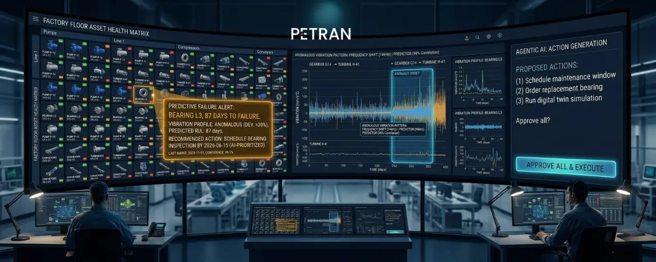 Petran APM dashboard showing asset health matrix, vibration trend graph, and agentic AI action panel for predictive maintenance