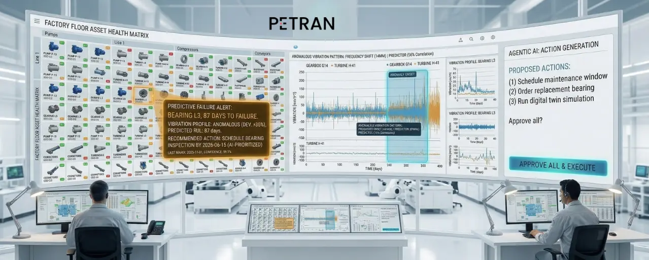 Microsoft Azure AI manufacturing analytics dashboard showing IoT sensor network and Copilot AI interface