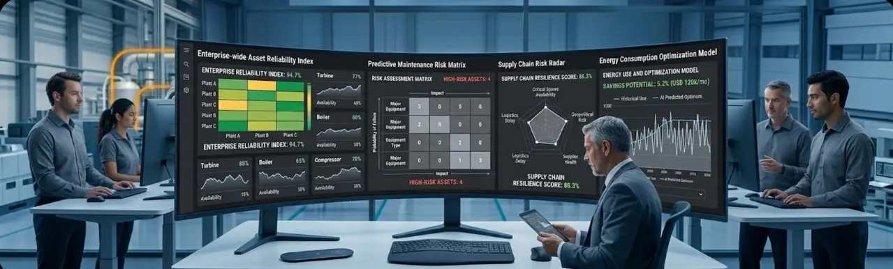 IBM Maximo Application Suite dashboard showing enterprise asset hierarchy, AI-powered predictive maintenance alerts, and prioritized work orders