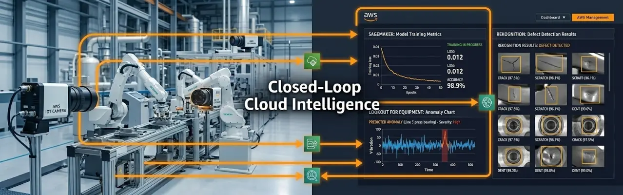 AWS Industrial AI platform showing SageMaker ML model training, Lookout for Equipment anomaly detection, and IoT Greengrass edge deployment