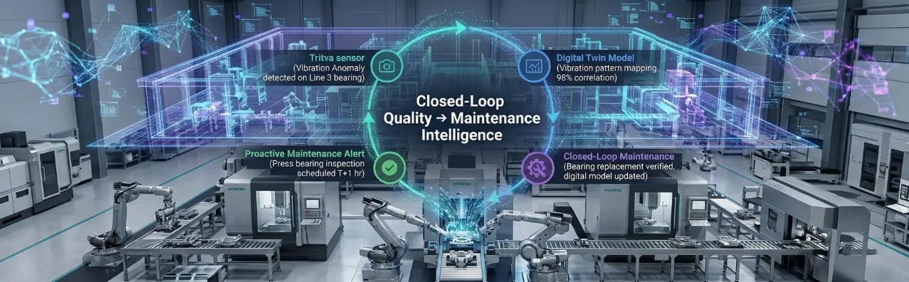 Futuristic factory floor with digital twin hologram showing Siemens and NVIDIA industrial AI capabilities