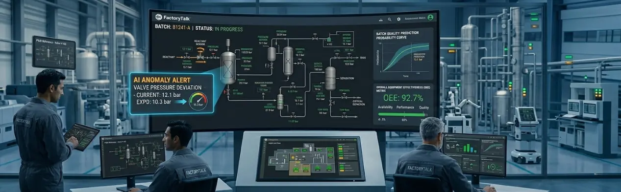 Process manufacturing SCADA control room showing Rockwell FactoryTalk dashboard with AI anomaly alert