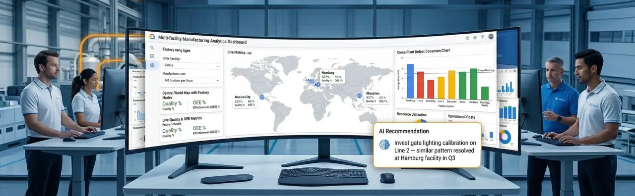 Google Cloud Manufacturing Data Engine dashboard with multi-site analytics, cross-plant quality comparison, and AI-powered recommendations