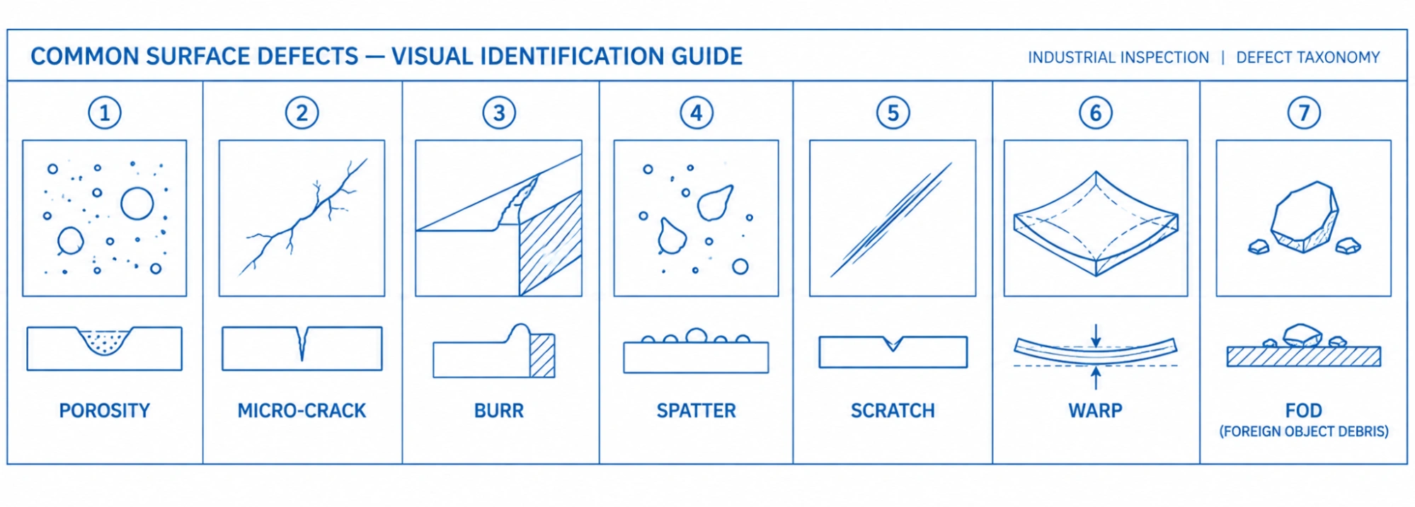 Field-guide style chart of the seven core surface defect categories