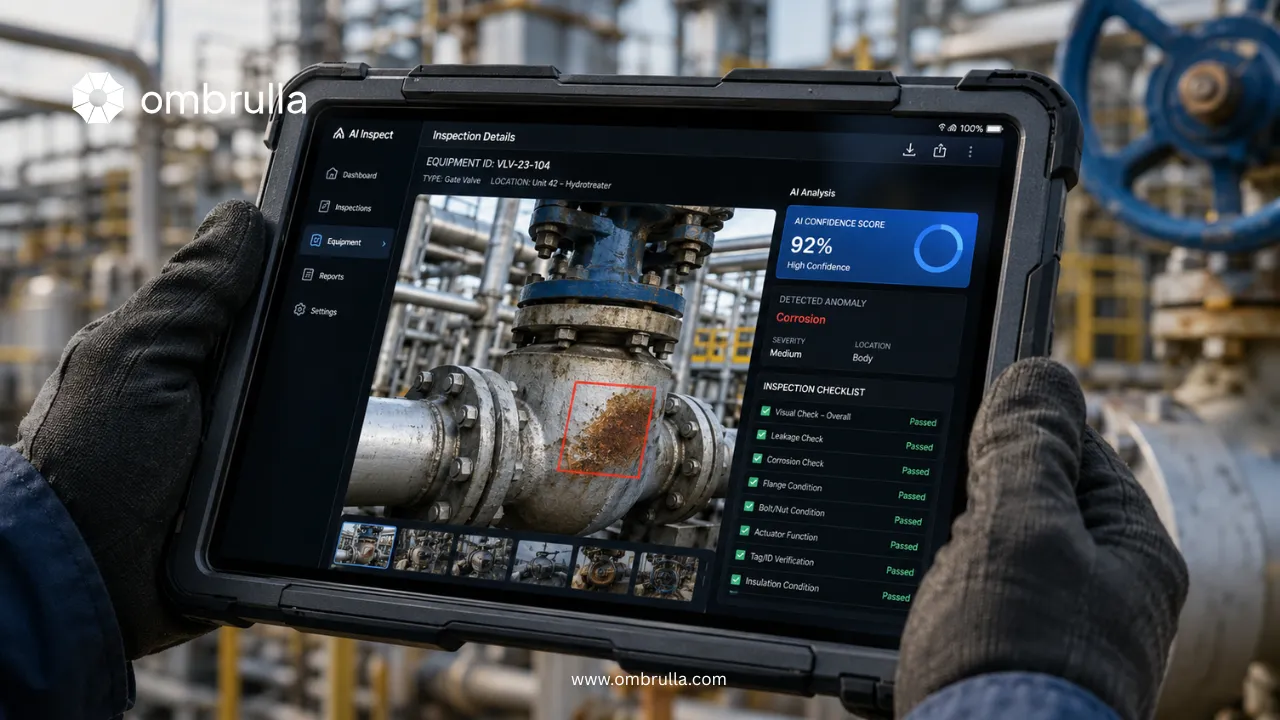 Industrial tablet displaying AI-powered defect detection with corrosion anomaly highlighting and digital inspection checklist.