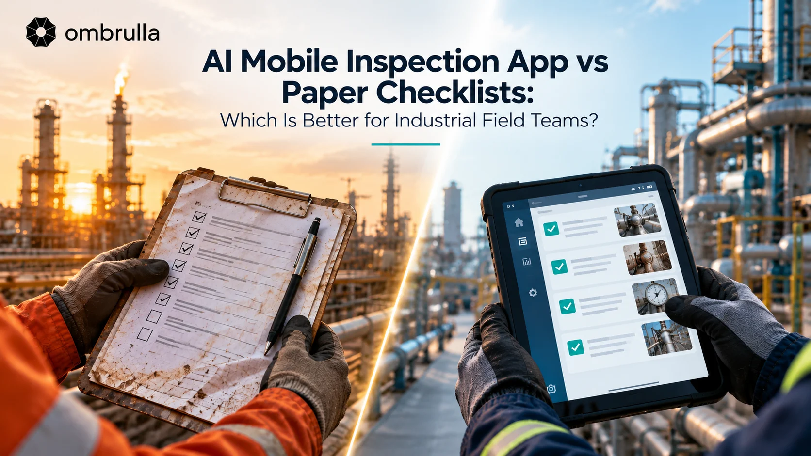 Split-screen comparison showing field engineer with paper checklist on left and AI mobile inspection app on tablet on right at industrial facility