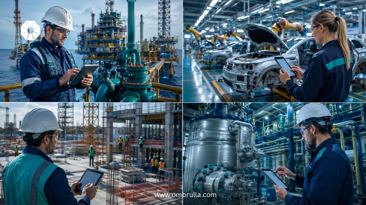 Four-panel industrial scene showing AI-powered mobile inspections in offshore oil and gas, automotive manufacturing, construction, and chemical processing facilities.