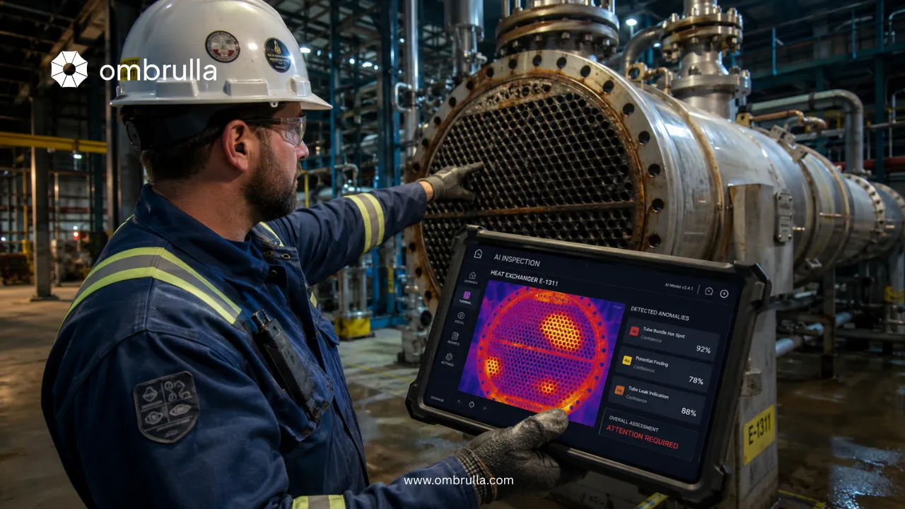 Field engineer using a rugged tablet displaying AI-powered thermal analysis with highlighted anomaly zones on industrial equipment.