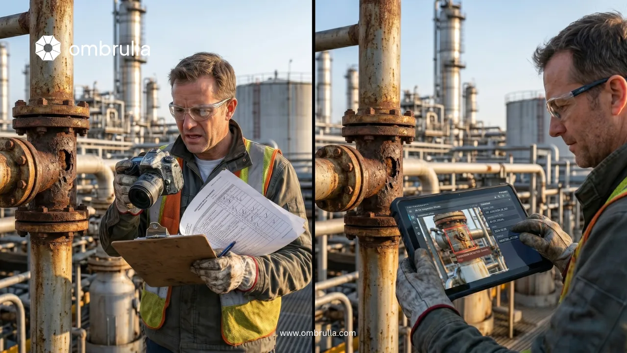 Field engineer using a mobile inspection app with AI-powered corrosion detection and automatic asset identification at an industrial refinery.