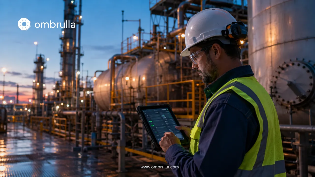 Industrial field engineer using a mobile inspection tablet at a chemical plant during dusk.