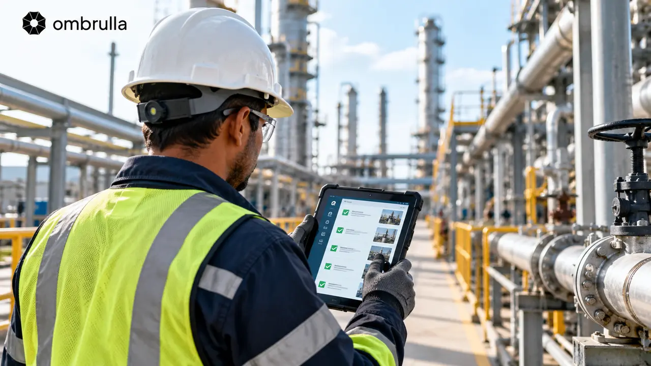 Industrial inspector in PPE checking a rugged tablet running a mobile inspection app at a refinery.