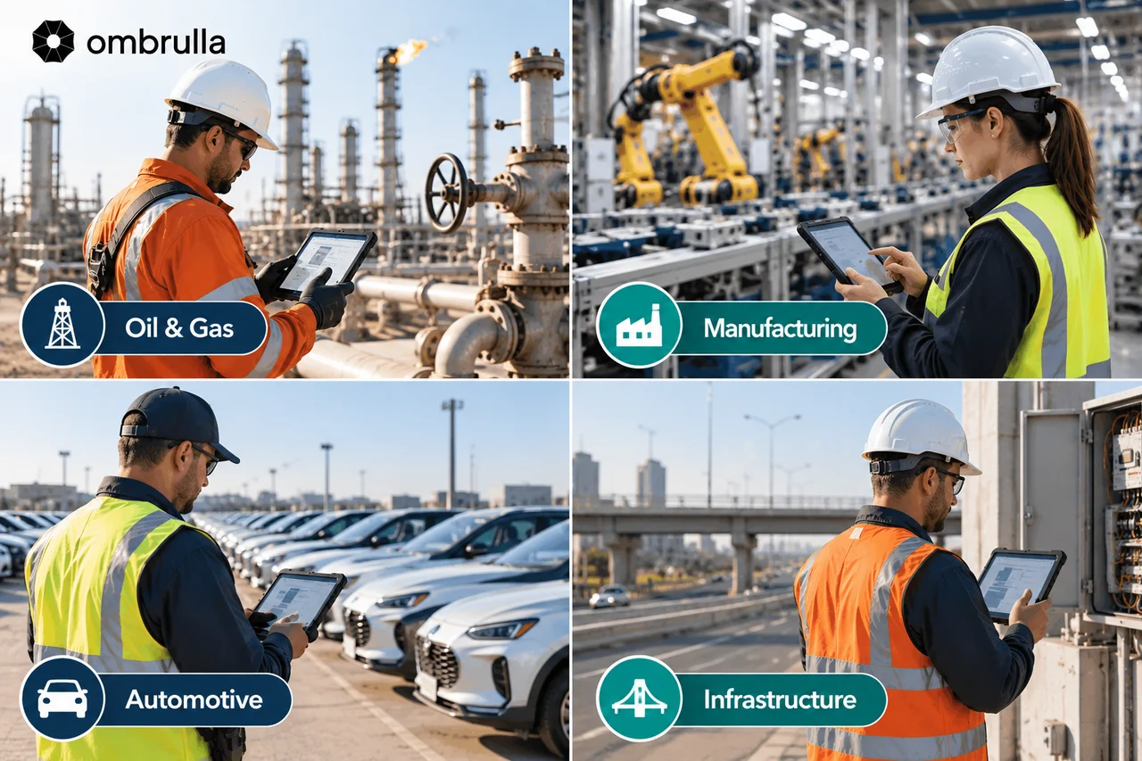 Four-panel collage showing field inspectors using mobile inspection tablets across oil and gas, manufacturing, automotive, and infrastructure sites.