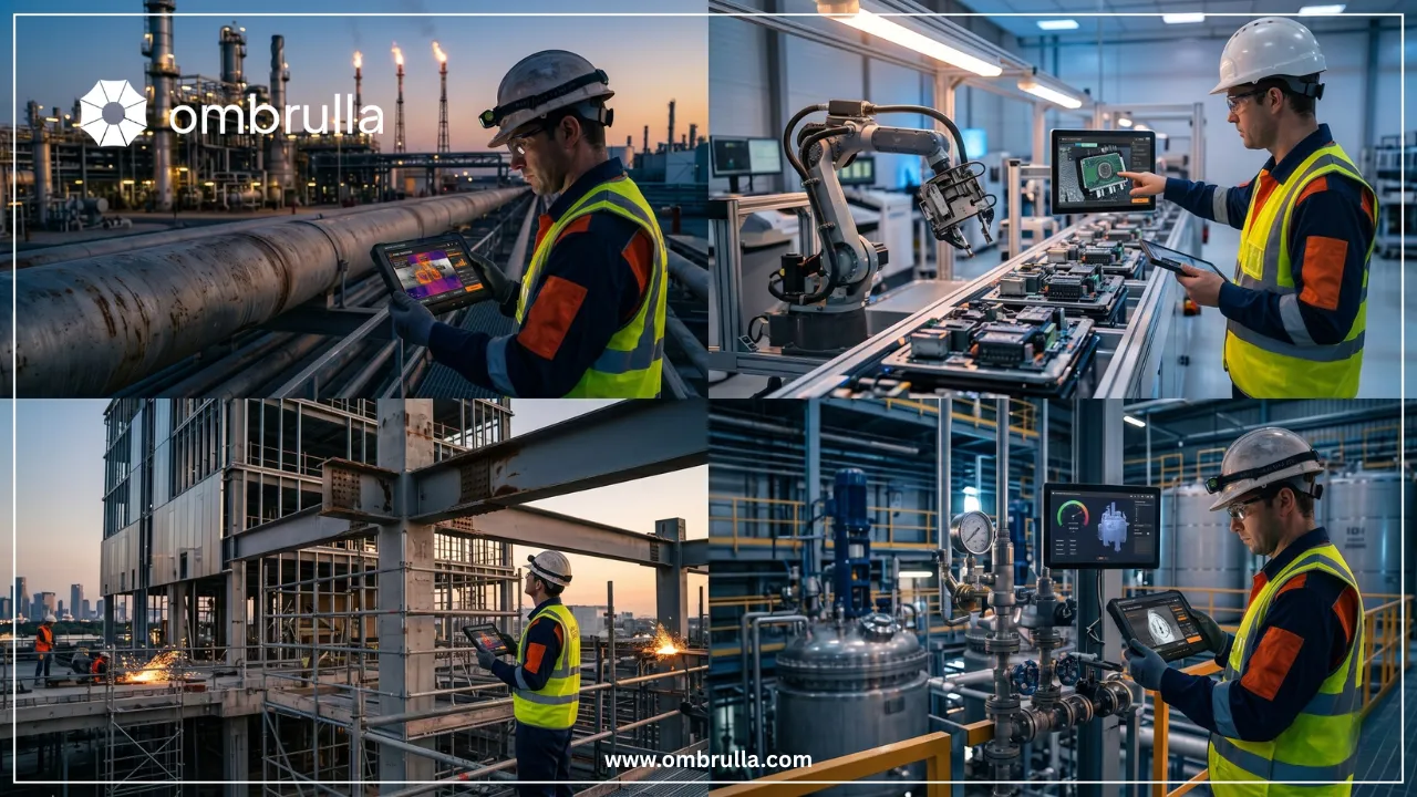 Inspectors using digital tablets for visual inspections across oil and gas, manufacturing, construction, and chemical processing industries.