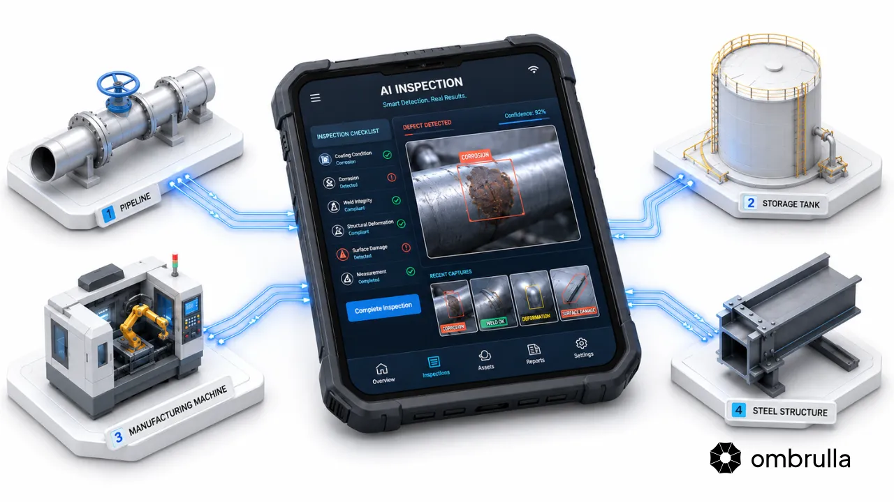 AI visual inspection platform connecting industrial assets including pipelines, storage tanks, manufacturing equipment, and construction infrastructure through a mobile inspection interface.