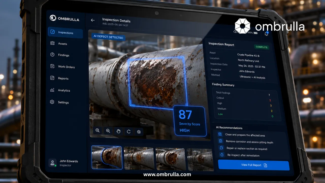 Ombrulla AI inspection platform displayed on a rugged tablet showing corrosion detection, severity analysis, and automated inspection reporting for industrial assets.