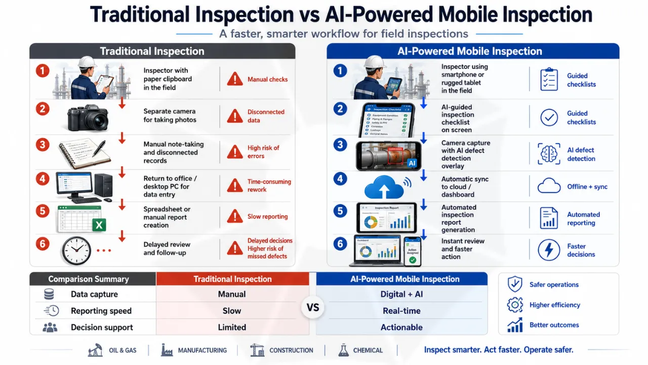 Side-by-side comparison of traditional inspection and AI-powered inspection workflows showing faster reporting, automation, and improved efficiency with AI technology.