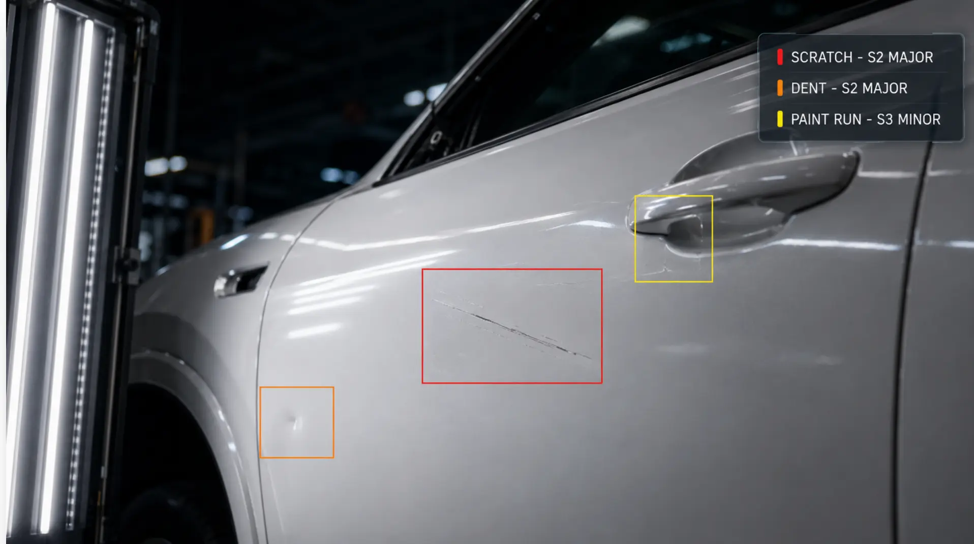 Automotive Defect Taxonomy illustrating various defects across painted surfaces and sub-assemblies