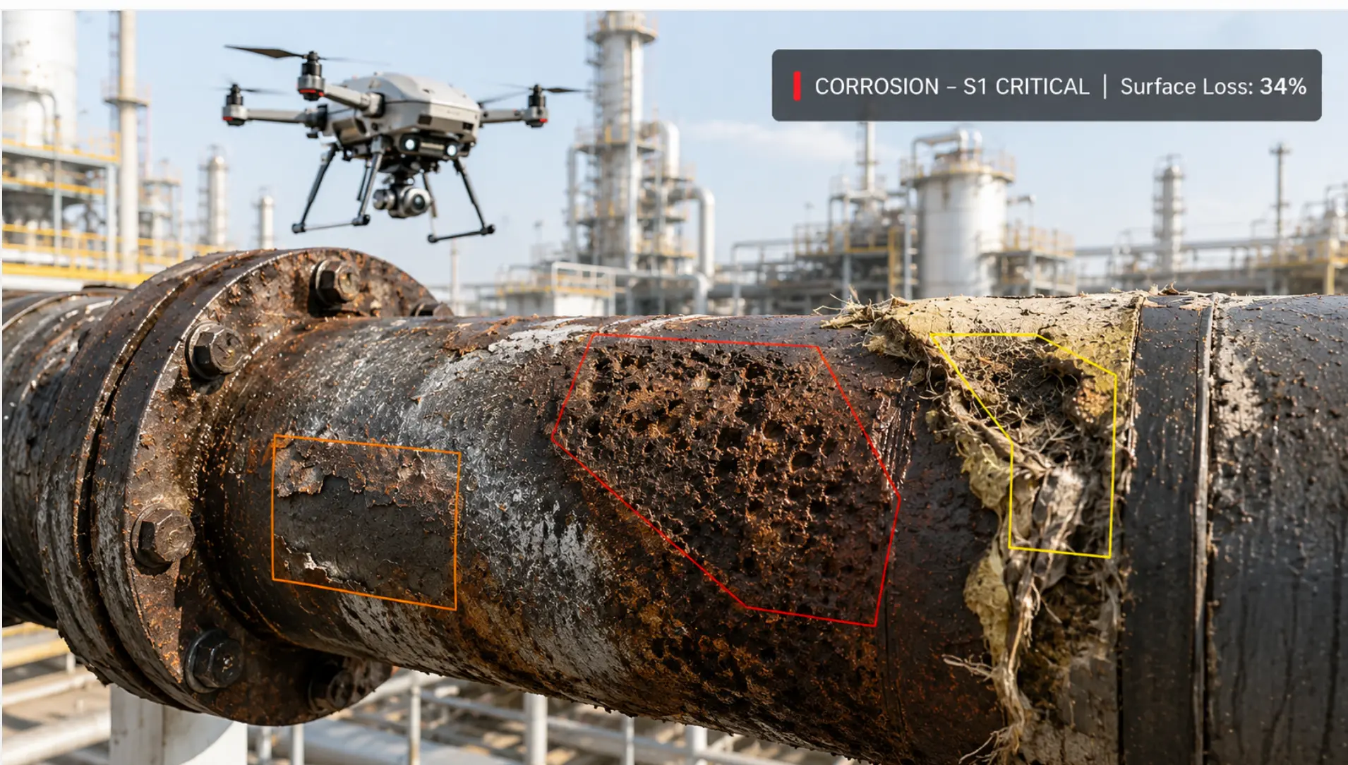 Oil & Gas Defect Taxonomy illustrating corrosion, coating loss, leakage, and insulation damage