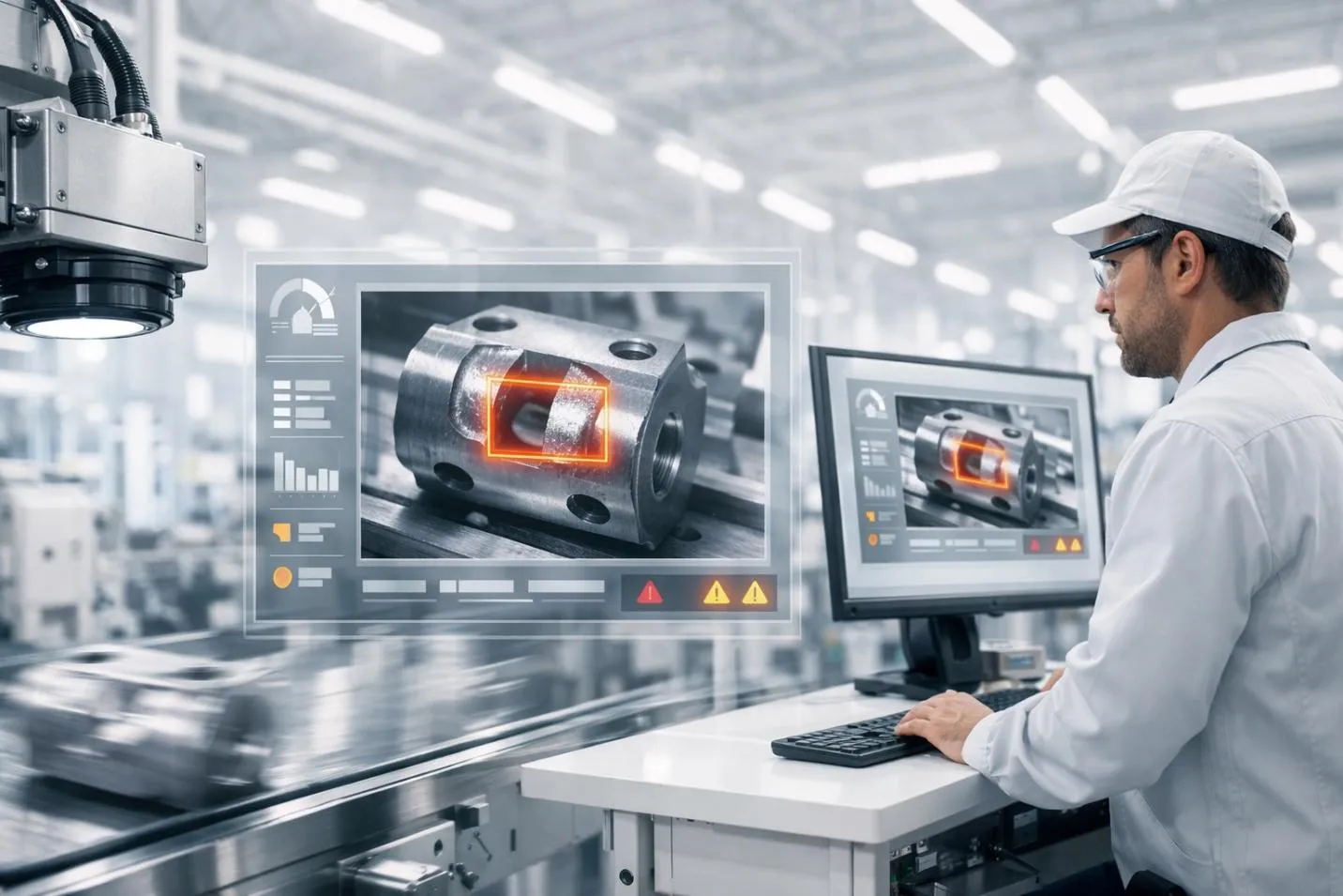 AI visual inspection system detecting surface defects on a manufacturing production line, Tritva by Ombrulla