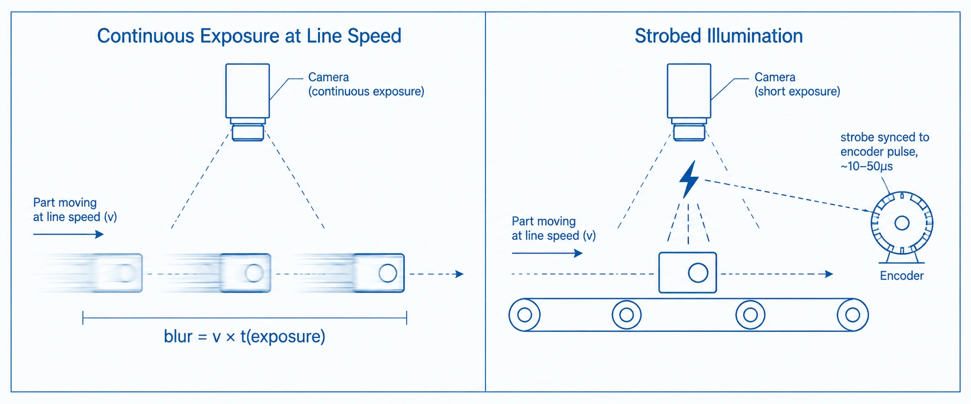 Diagram comparing continuous-exposure motion blur versus strobed-light freeze-frame capture on a moving manufactured part
