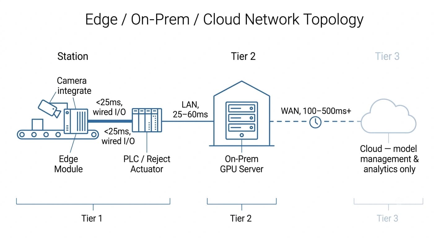 Network architecture diagram comparing edge, on-prem GPU server, and cloud inference paths and their latency for industrial vision