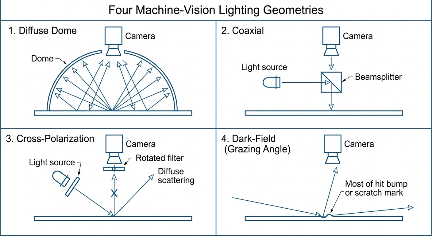 Four industrial machine-vision lighting geometries compared side by side: diffuse dome, coaxial, cross-polarized, and dark-field illumination ray diagrams