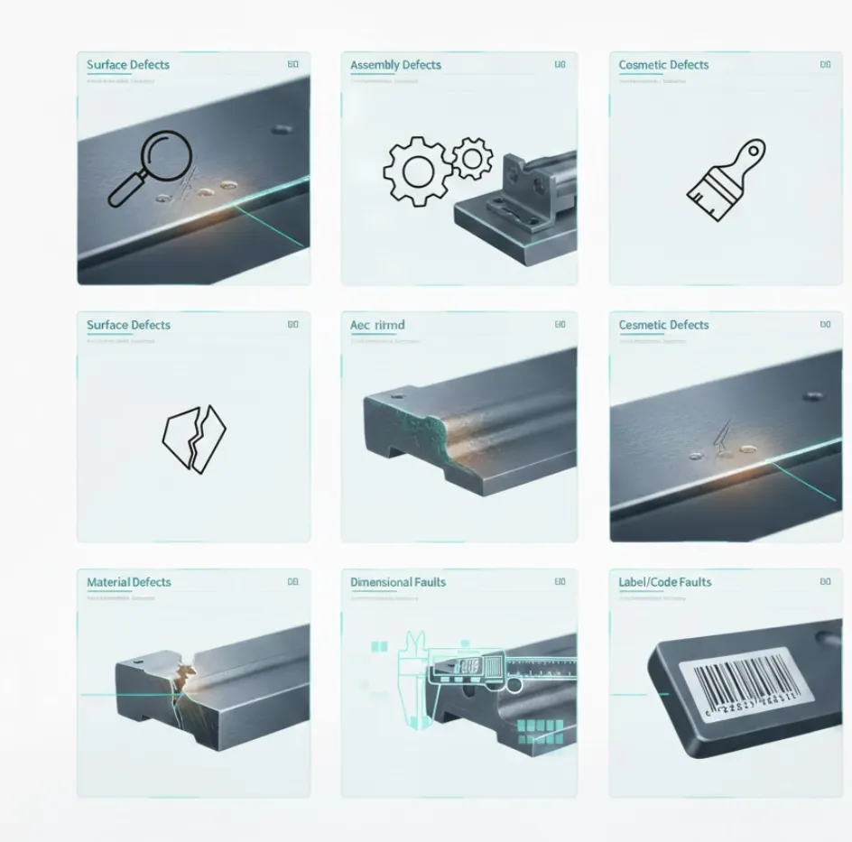 Manufacturing defect types classification surface, assembly, cosmetic, material, dimensional, and label defects