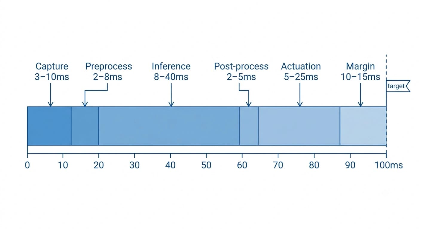 Waterfall timeline diagram of a sub-100ms edge AI inspection latency budget broken into six sequential processing stages
