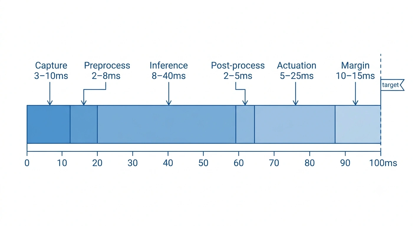 Waterfall timeline diagram of a sub-100ms edge AI inspection latency budget broken into six sequential processing stages