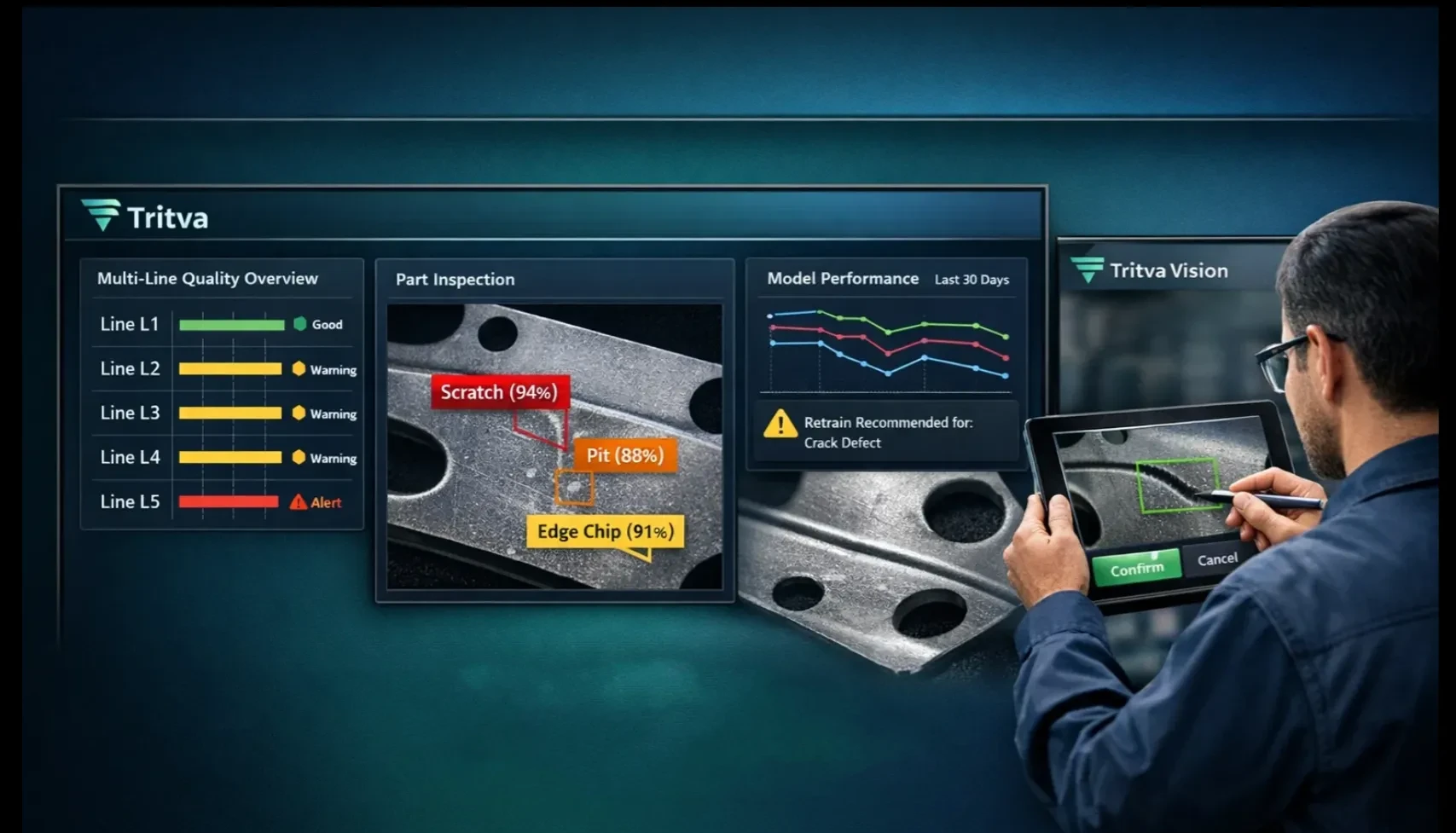 Tritva AI quality inspection dashboard showing defect detection and analytics
