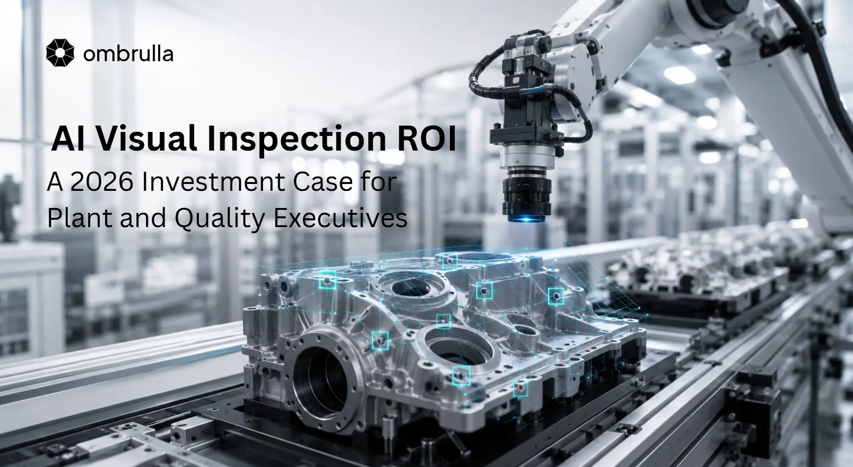 Technical illustration of an automated AI visual inspection system, showing an industrial camera scanning a mechanical component on a conveyor belt, with an inspection panel displaying a checkmark and a detected defect alert