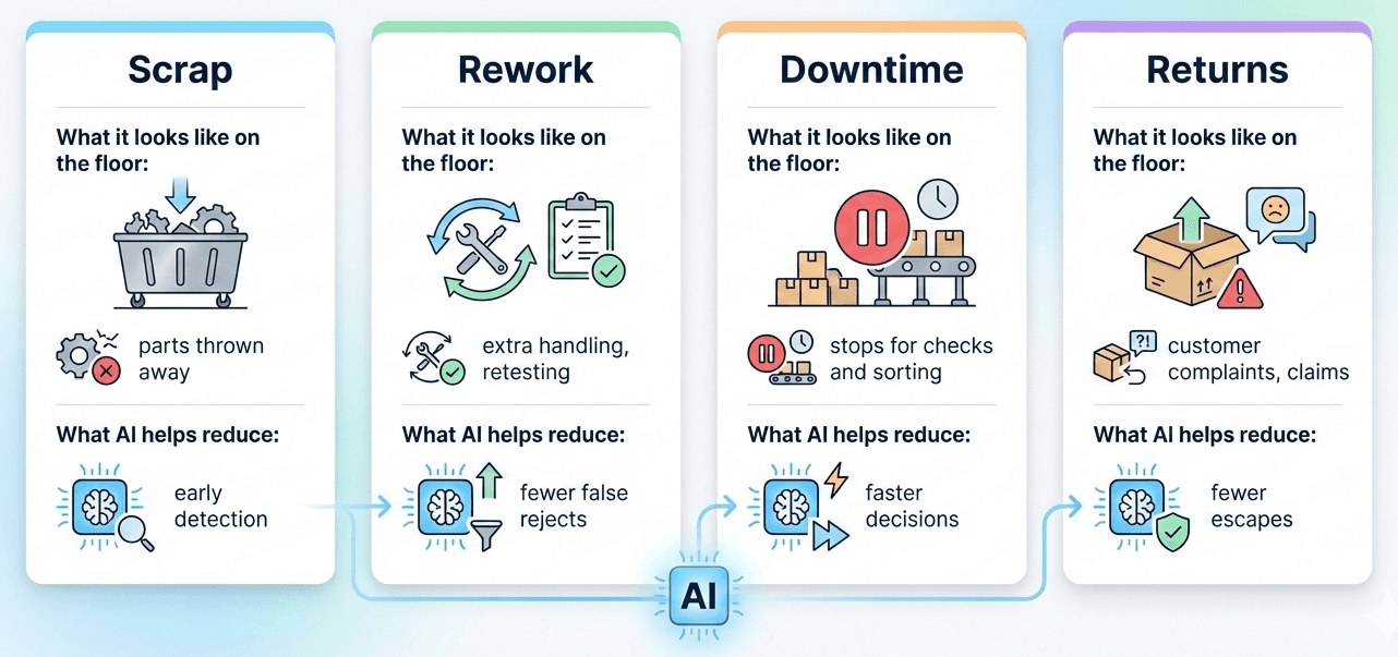 Infographic showing how AI reduces scrap, rework, downtime, and returns in manufacturing