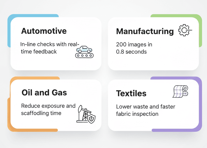 Four tile infographic showing AI visual inspection outcomes for Automotive, Manufacturing, Oil and Gas, and Textiles