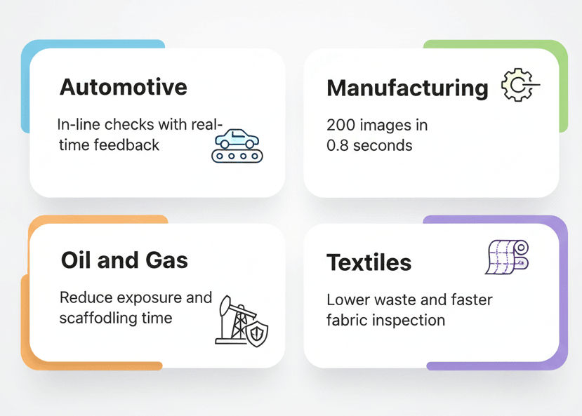 Four tile infographic showing AI visual inspection outcomes for Automotive, Manufacturing, Oil and Gas, and Textiles