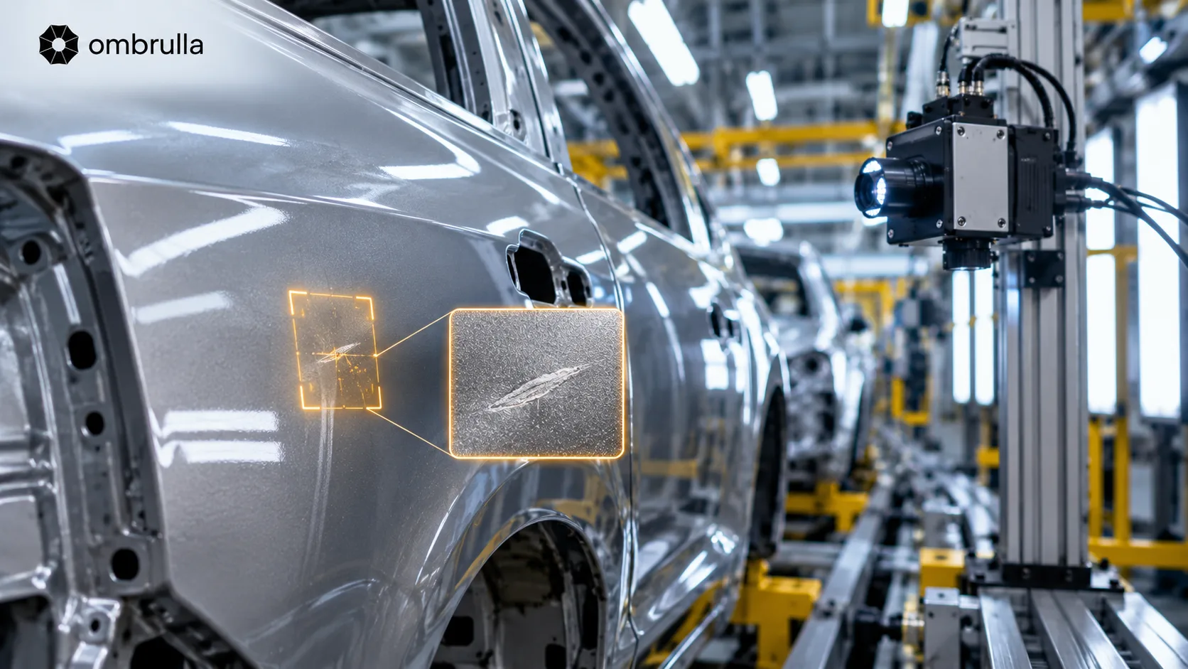 AI-powered visual inspection detecting a paint defect on an automotive body panel next to a legacy AOI camera on the same line