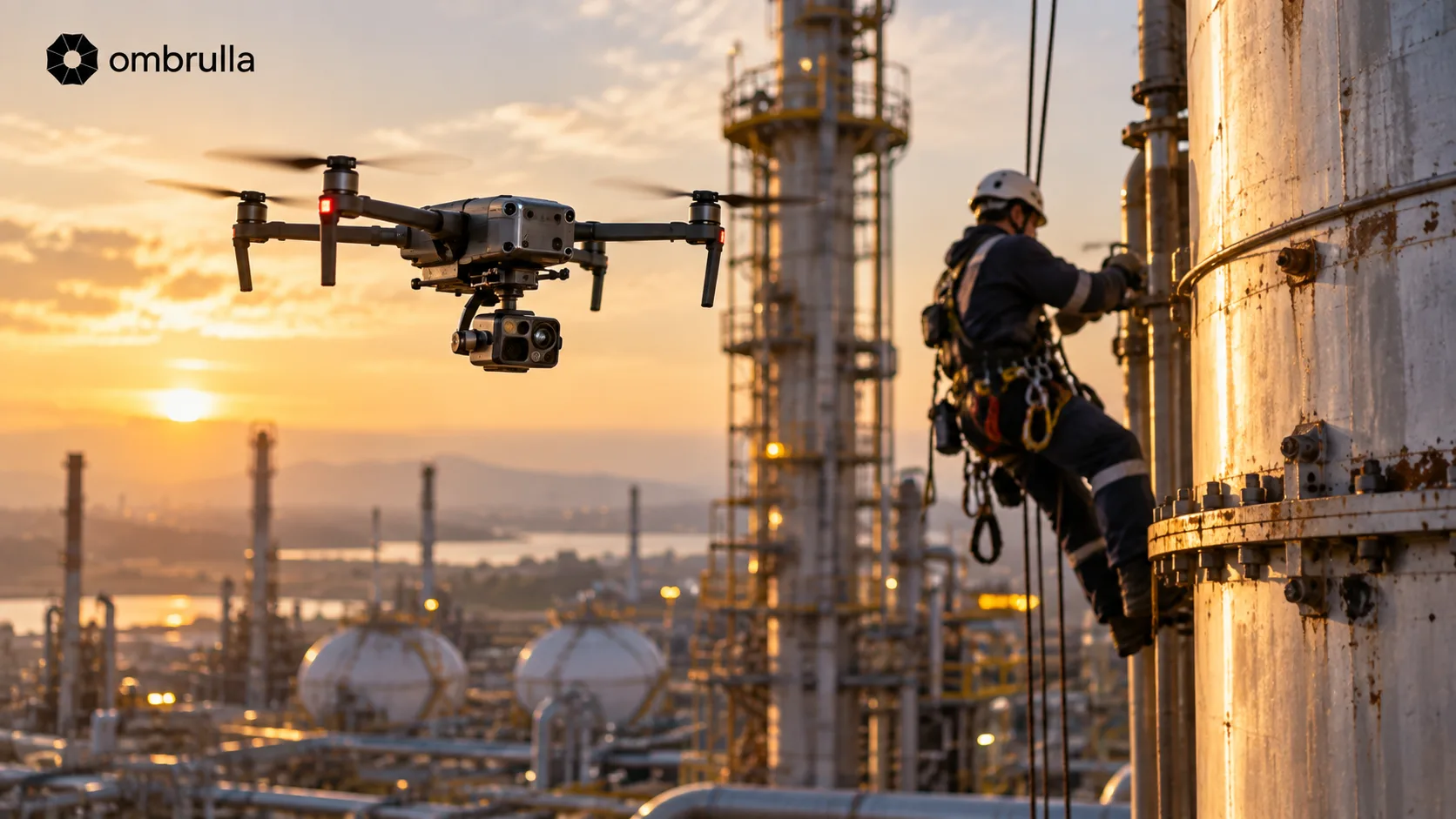 AI inspection drone examining refinery infrastructure at sunset next to a rope-access manual inspector on the same structure