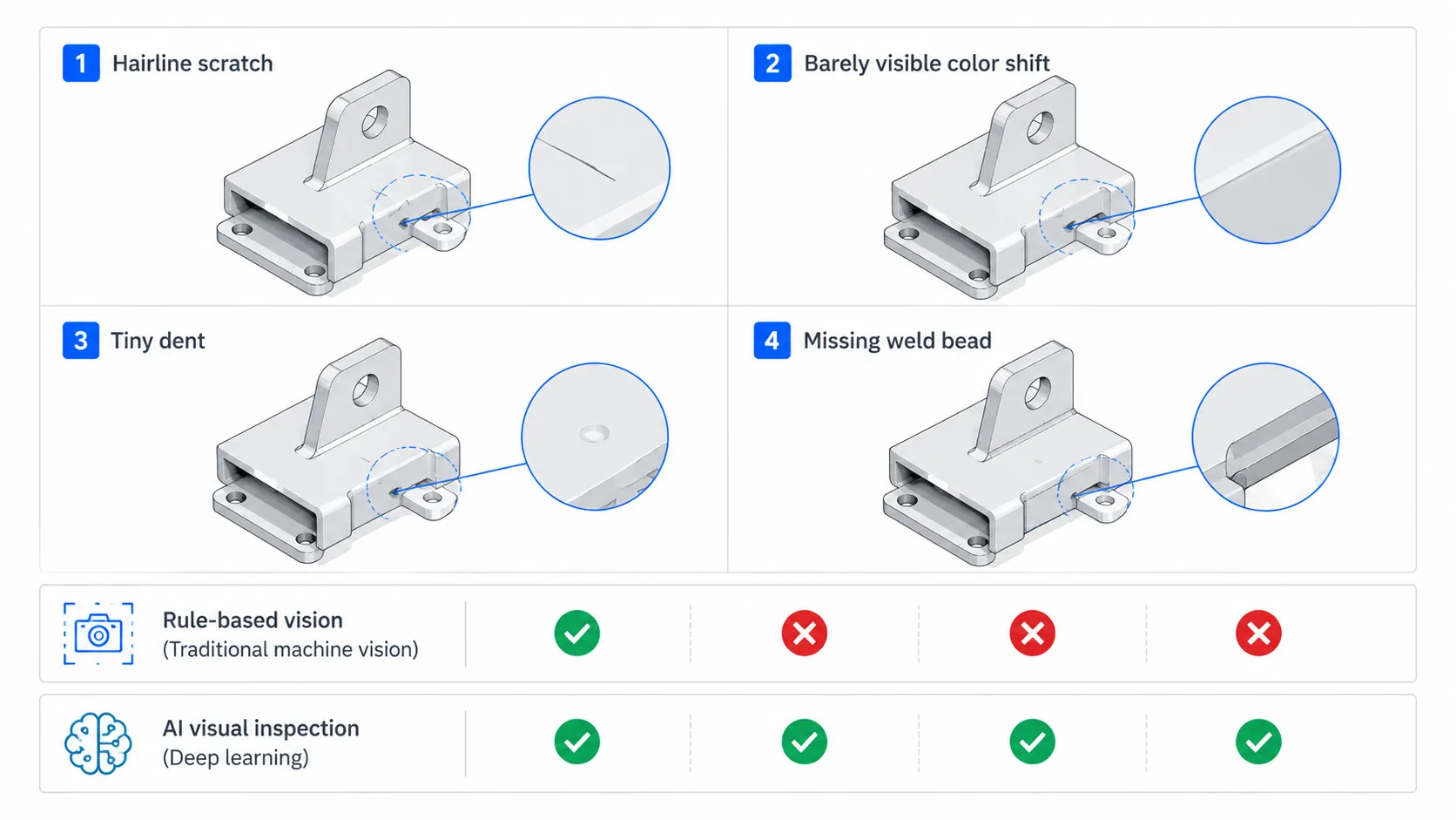 Technical schematic comparing rule-based vision and AI visual inspection detecting defects on automotive brackets in a 2x2 grid.