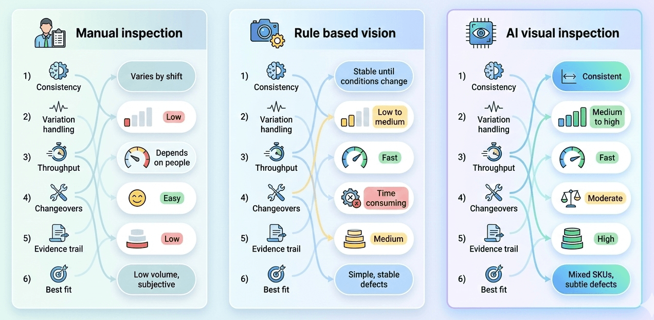 Scorecard infographic comparing manual inspection, rule based vision, and AI visual inspection across consistency, variation handling, throughput, changeovers, evidence trail, and best fit