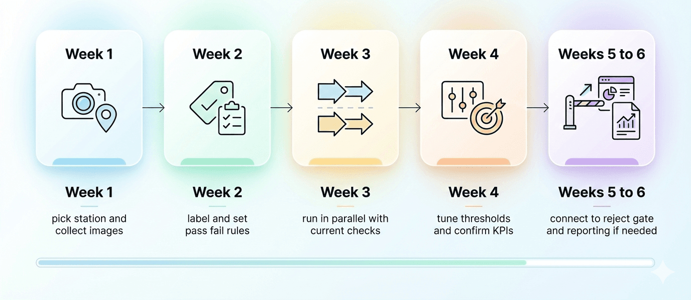 Implementation strategy infographic showing camera capture, Tritva defect detection, reject gate or operator alert, evidence saved for QA and audits, Petran pattern detection over time, and maintenance or process adjustment with recheck