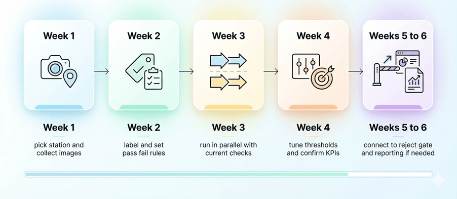 Implementation strategy infographic showing camera capture, Tritva defect detection, reject gate or operator alert, evidence saved for QA and audits, Petran pattern detection over time, and maintenance or process adjustment with recheck