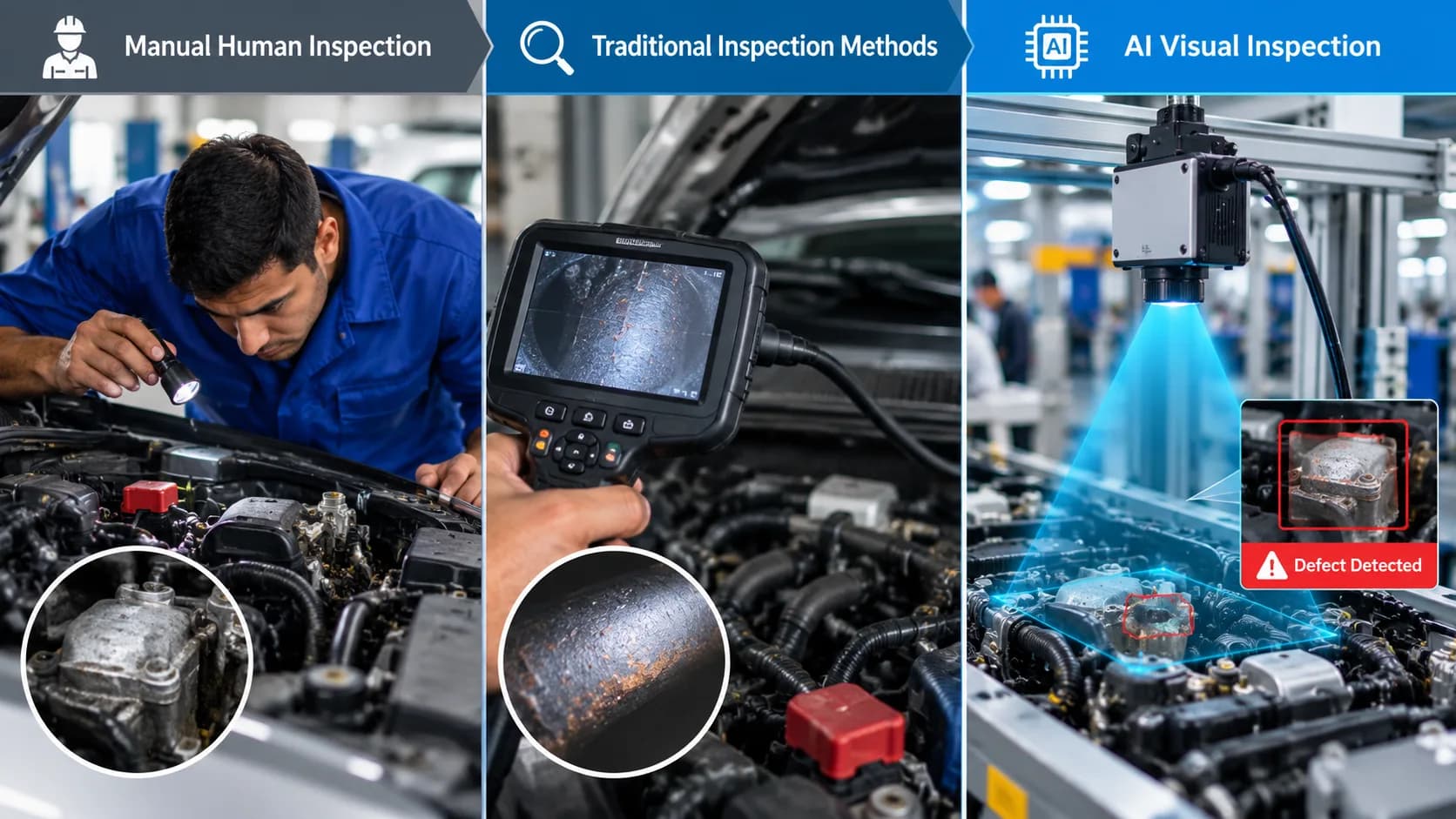 Comparison of manual inspection, legacy Automated Optical Inspection, and AI-powered visual inspection methods